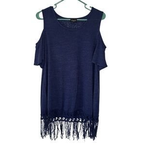 3/$20 Wallpapher Navy Blue Cold Shoulder Fringe Tunic